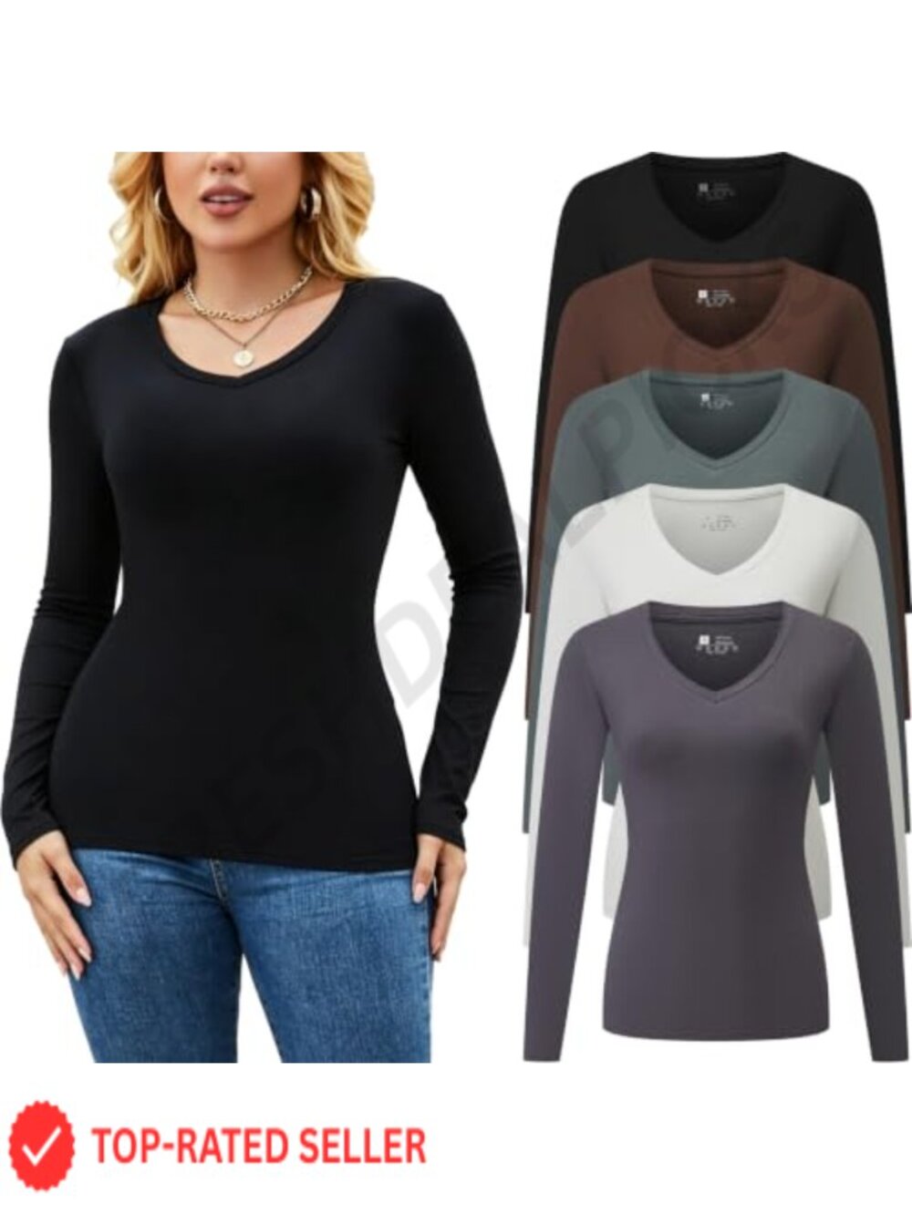 Long Sleeve V Neck Slim Fit T Shirt Women's 5 Pack Fall Basic Top